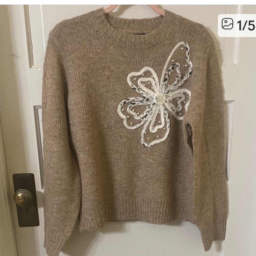 Christina Tan 100% Cashmere Pearl & Embroidered Sweater with White Floral Accent